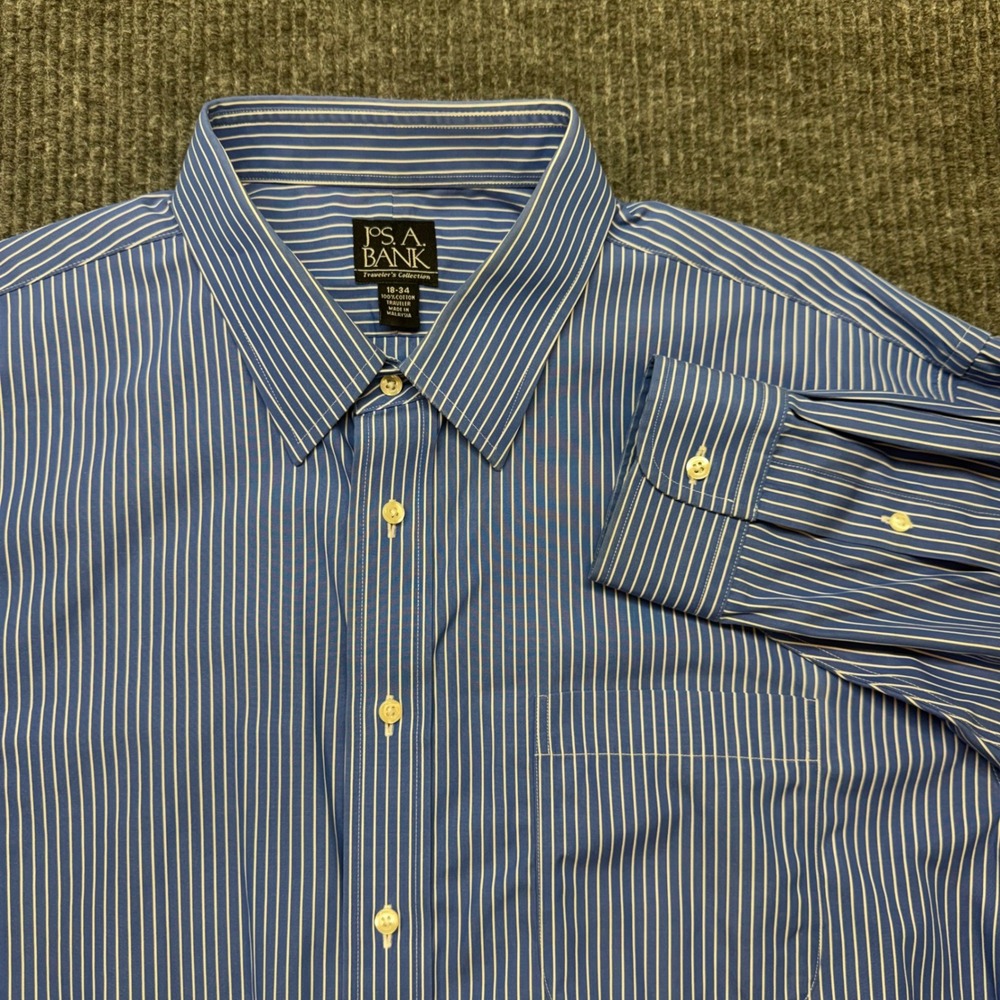 Jos A Bank Traveler Mens 18 34 Blue White Striped Button Down Dress Shirt